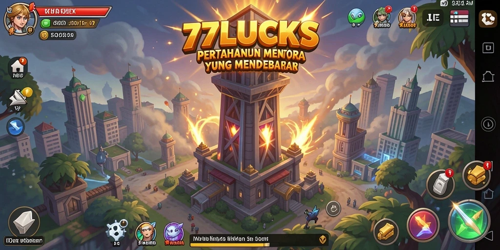 Screenshot 77LUCKS menampilkan pertempuran menara yang intens dan strategis.