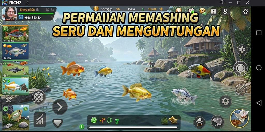 Screenshot permainan RICH7 menampilkan pengalaman memancing yang mendebarkan.