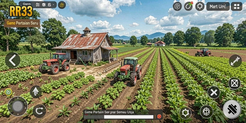 Tangkapan layar menunjukkan petani mengelola ladang hijau dengan berbagai tanaman.